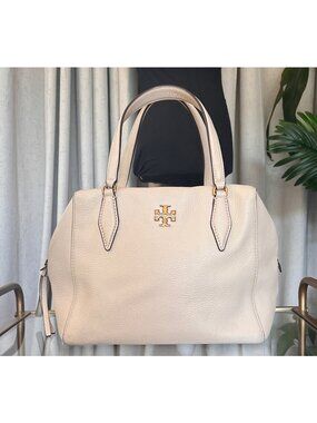both*** Tory Burch Ivory Pebbled Leather Satchel Bag With Gold Logo & Dual Handl